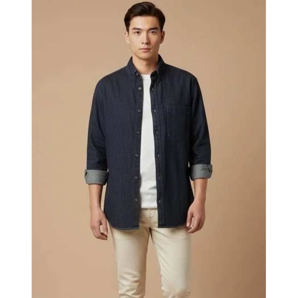 Mode Of One Mens Regular Fit Denim Shirt Dark Wash Blue Cotton 100189703MN Small
